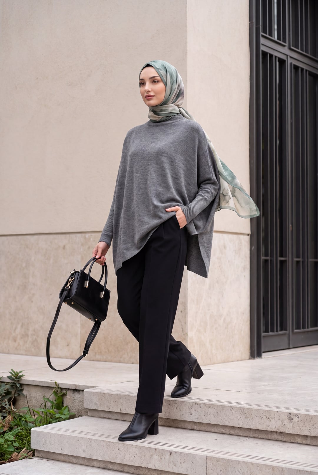 Oversize Poncho Knit Sweater with Side Slits - Light Grey - Bigdart - by Peralane - photo 3