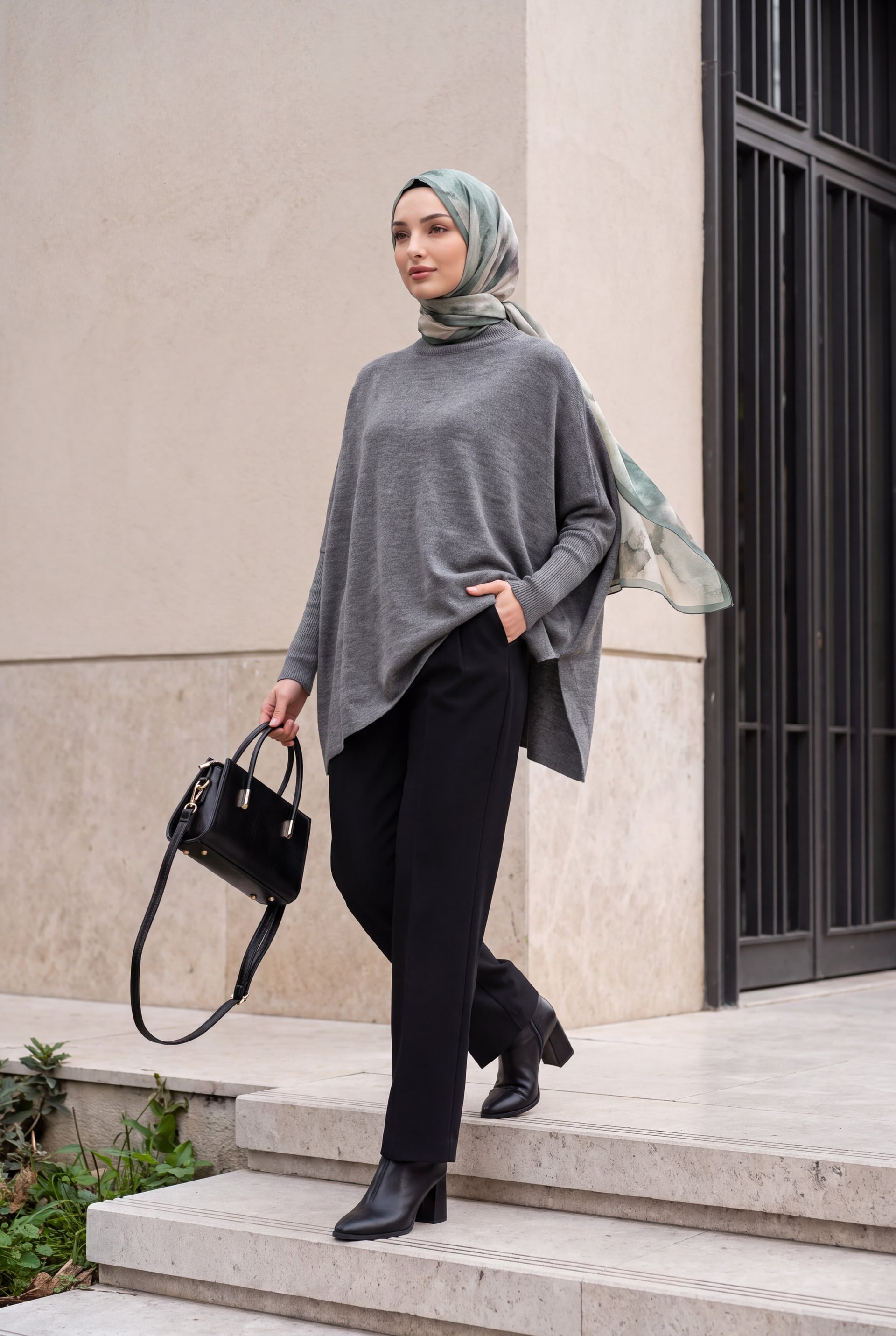 Oversize Poncho Knit Sweater with Side Slits - Light Grey - Bigdart - by Peralane - photo 3