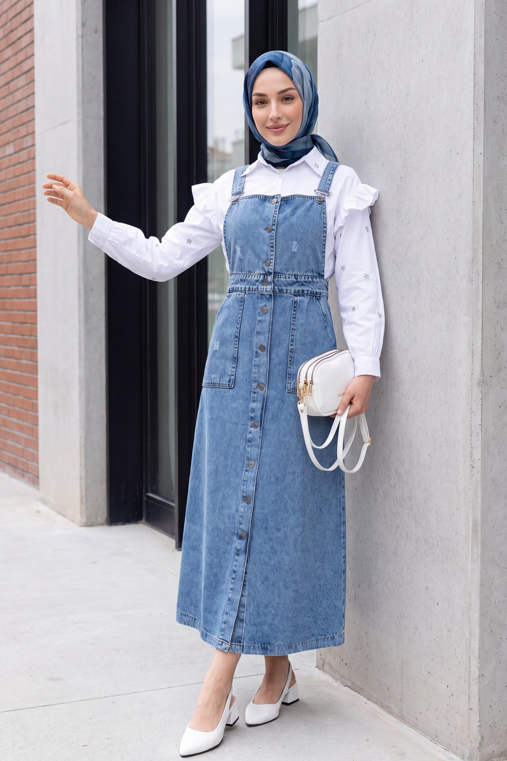 Button-Front Distressed Denim Pinafore Dress - Ice Blue - Podyumplus - by Peralane