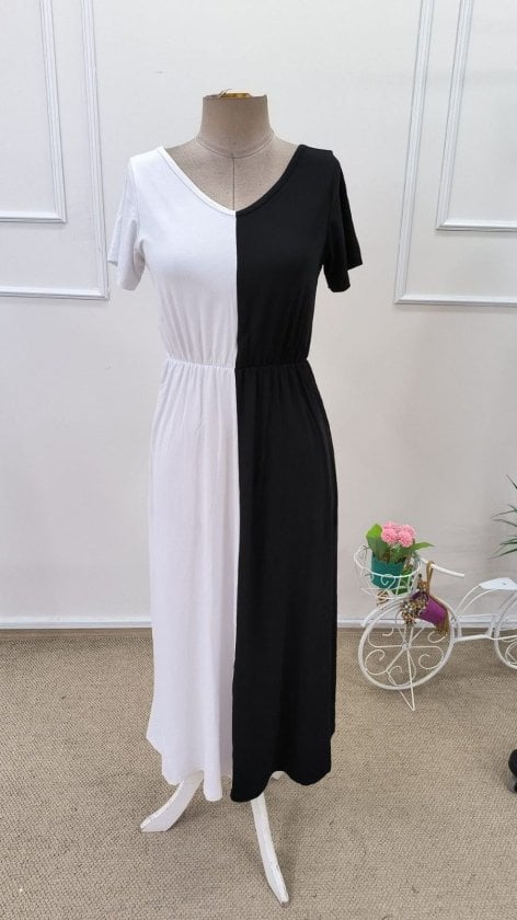Women's Short Sleeve V-Neck Two-Tone Viscose Midi Dress - Janes - by Peralane - photo 4