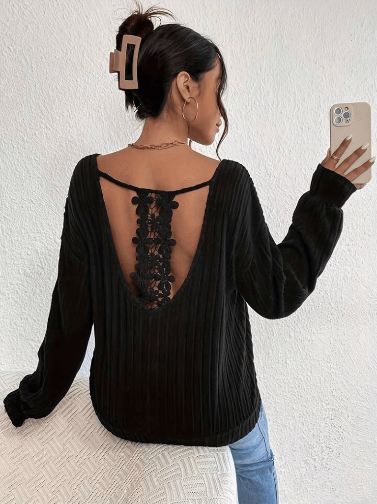 Women's Long-Sleeve V-Neck Top with Floral Crochet Back Panel - Black (Pack of 6) - Janes - by Peralane - photo 3