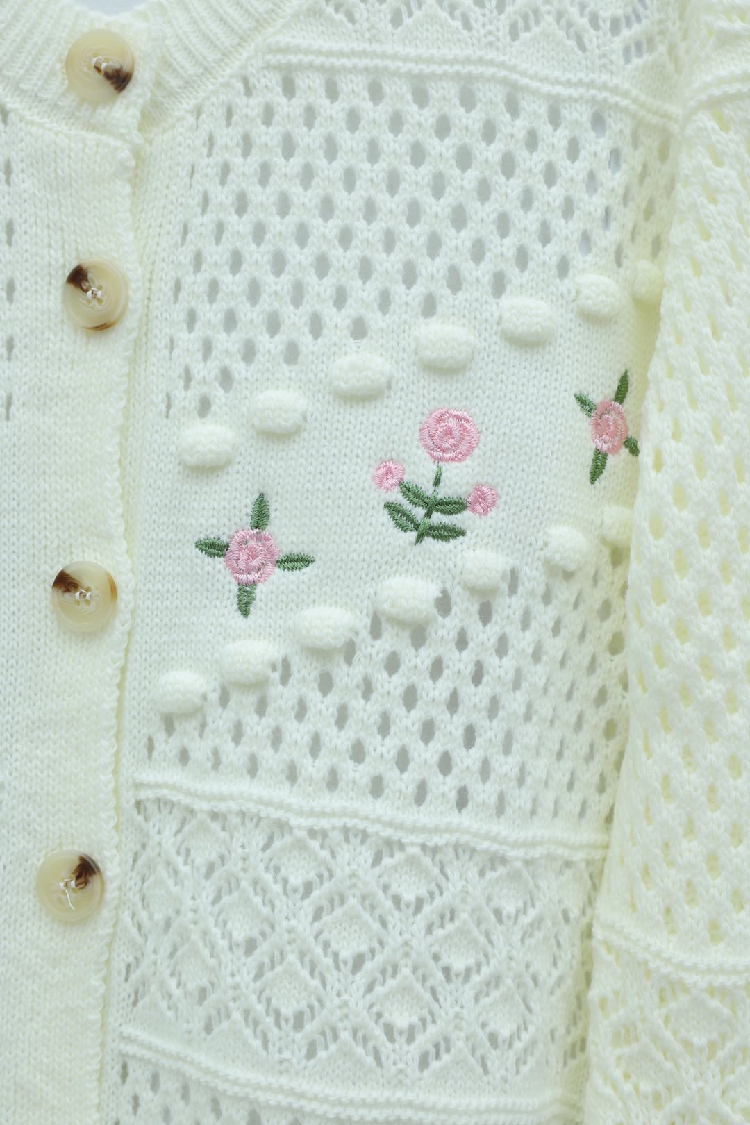 Cream Floral Embroidered Button Cardigan with Pom-Poms - Podyumplus - by Peralane - photo 6