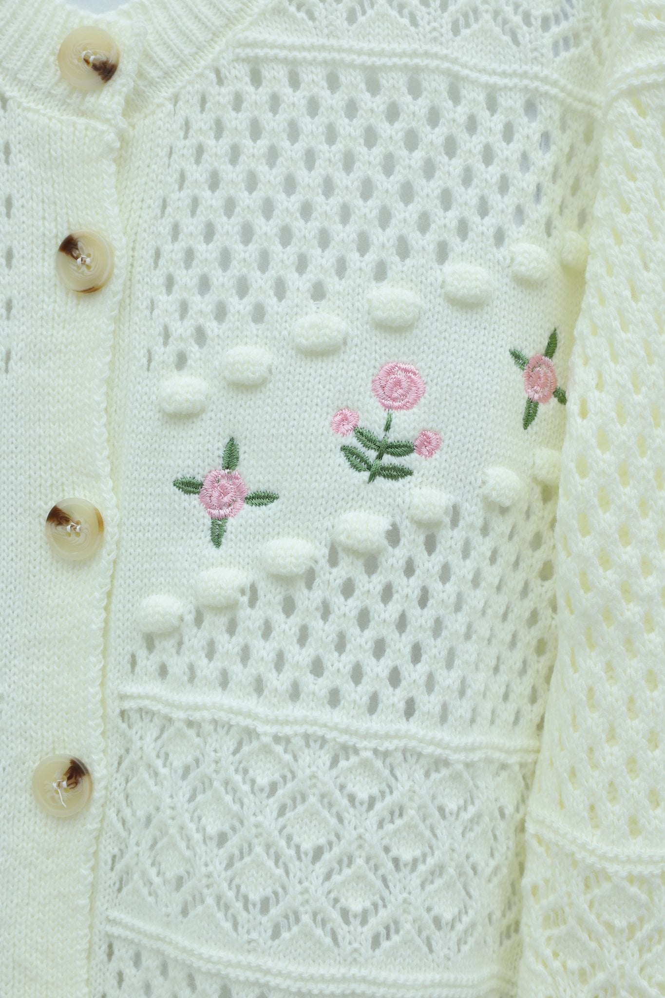 Cream Floral Embroidered Button Cardigan with Pom-Poms - Podyumplus - by Peralane - photo 6