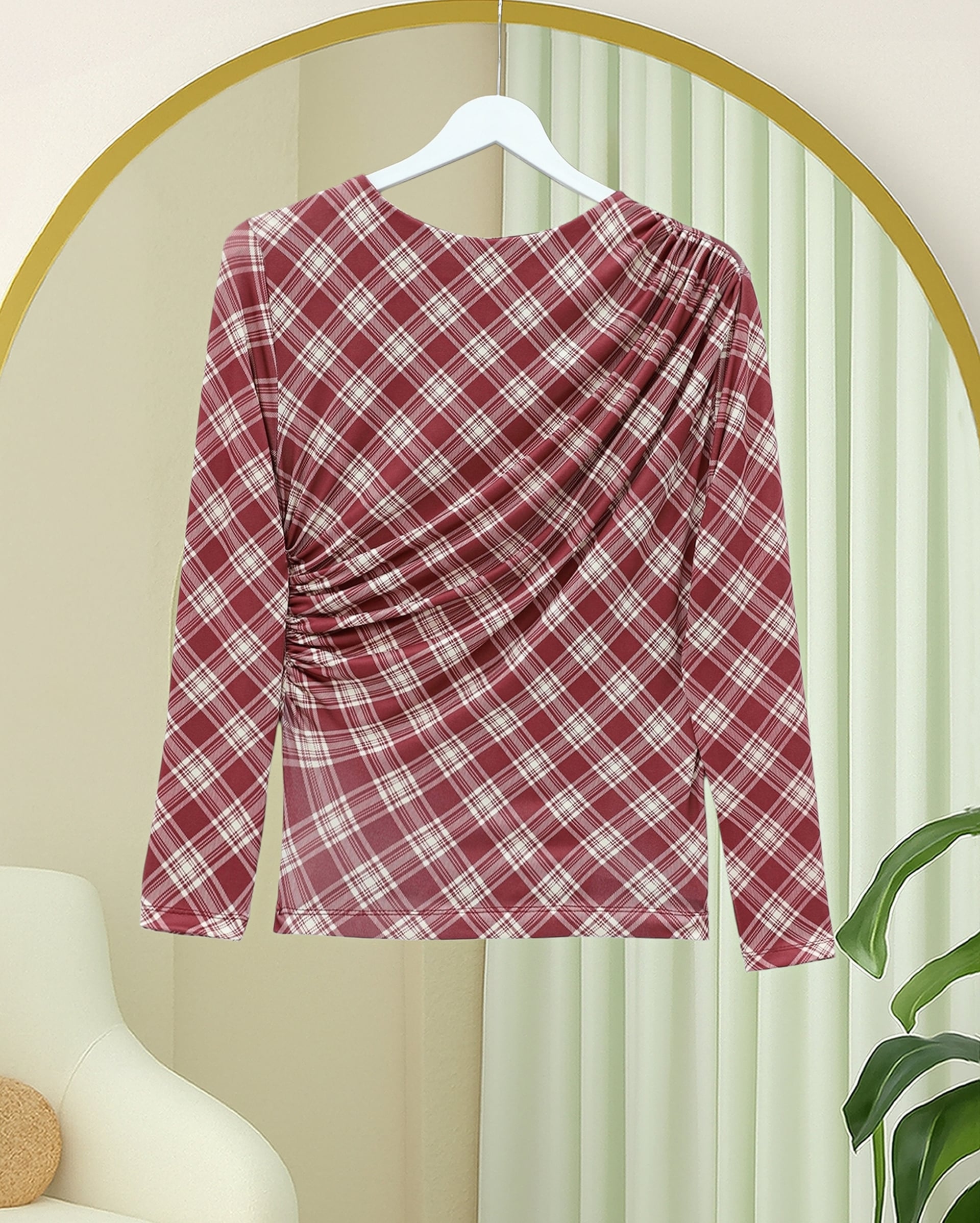 Burgundy Plaid Side-Gathered Blouse - Podyumplus - by Peralane - photo 4