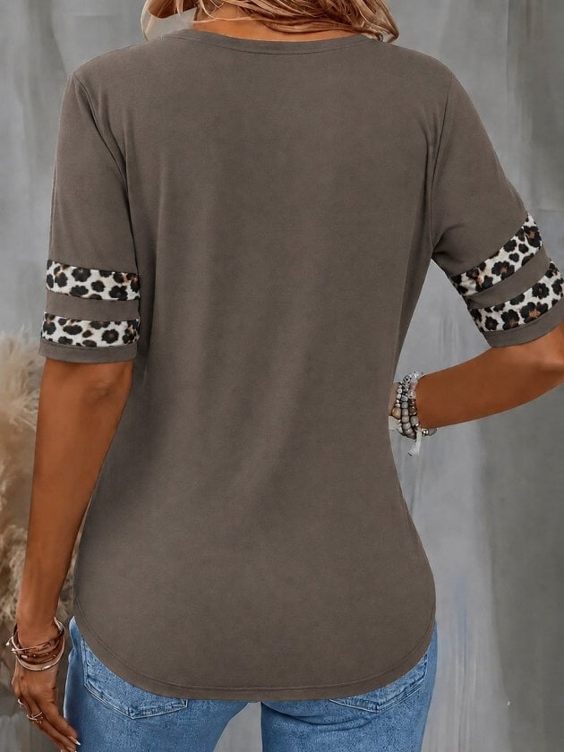 Women's V-Neck Short Sleeve Leopard Trim Viscose Blouse - Janes - by Peralane - photo 3