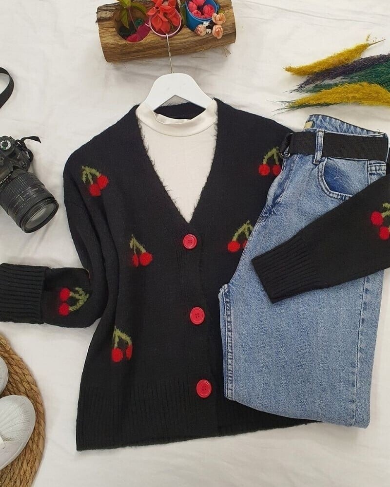 Cherry Print Short Cardigan - Black - Podyumplus - by Peralane - photo 3