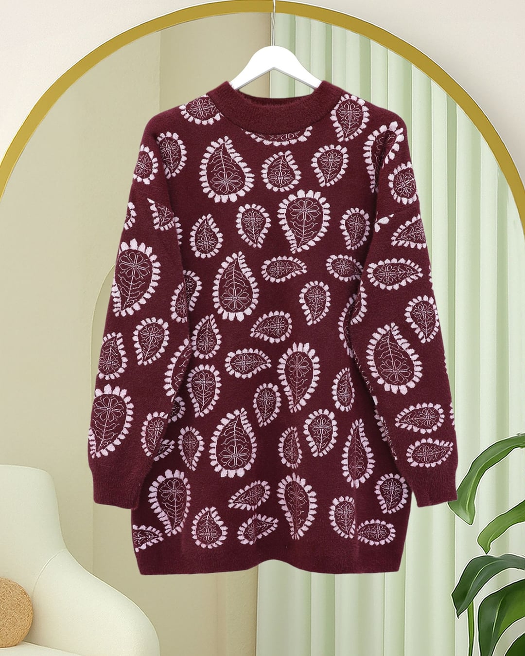 Pink Paisley High Neck Slouchy Knit Sweater - Podyumplus - by Peralane - photo 3