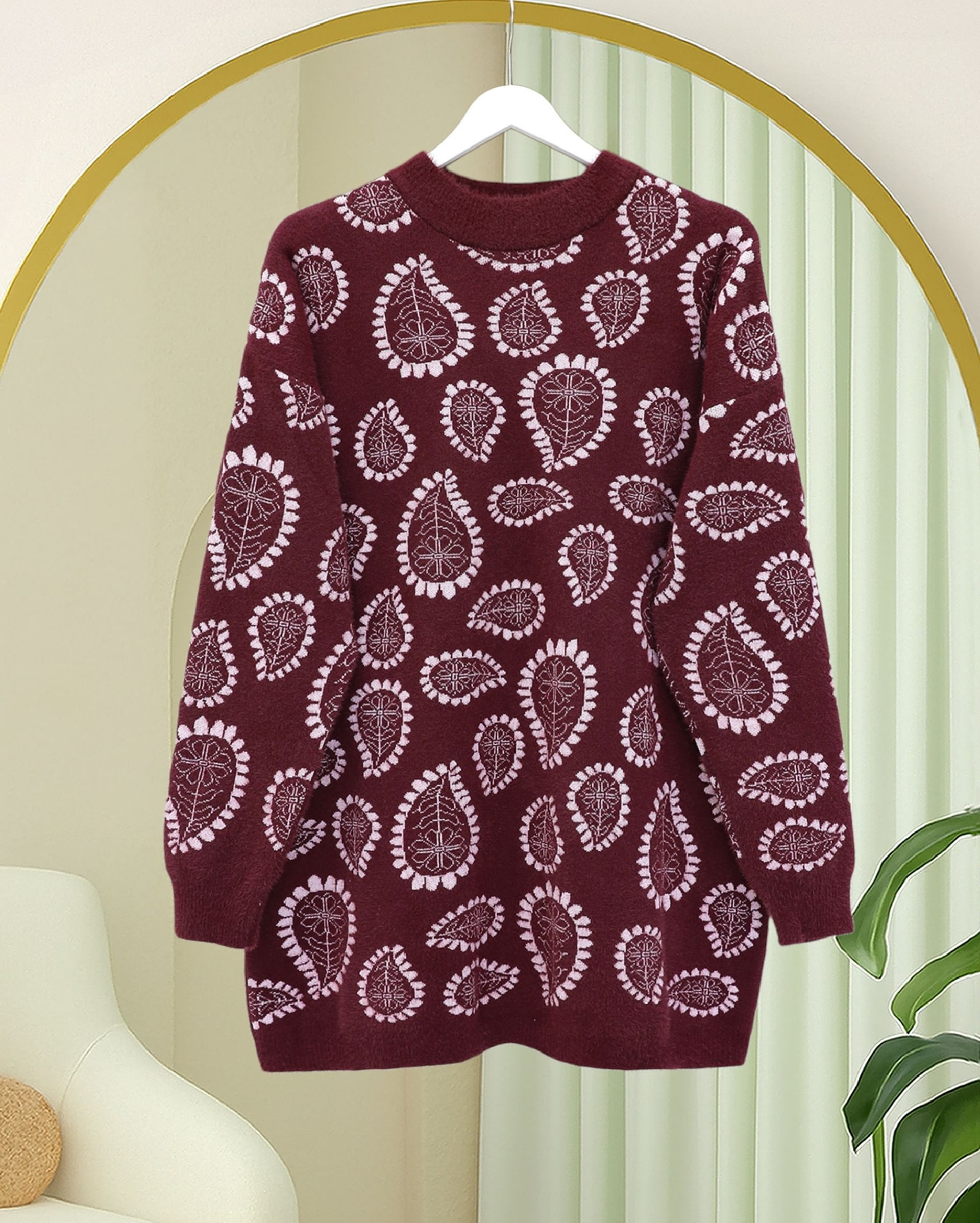 Pink Paisley High Neck Slouchy Knit Sweater - Podyumplus - by Peralane - photo 3