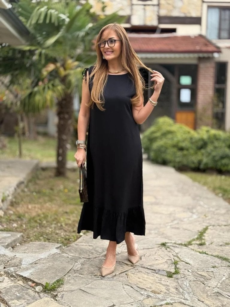Women's Sleeveless Black Midi Dress with Ruffled Hem - Janes - by Peralane