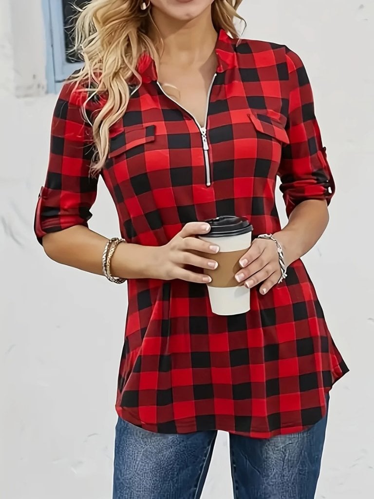 Women's Long Sleeve Quarter-Zip Geometric Print Suprem Blouse - Janes - by Peralane