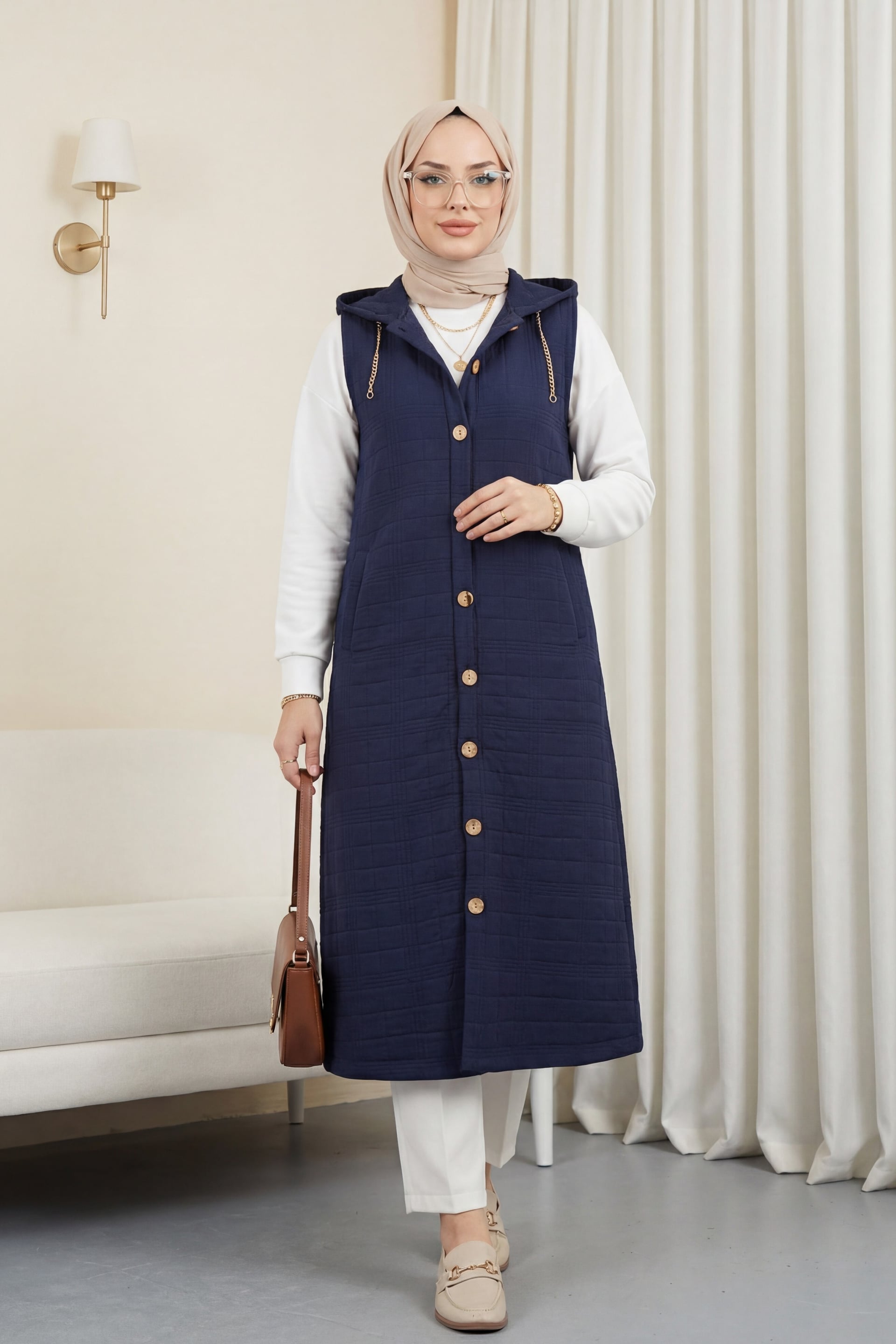 Navy Blue Quilted Hooded Vest with Chain Details and Wooden Buttons - Podyumplus - by Peralane