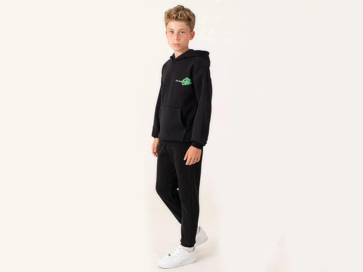 Boys' 3-Thread Hooded Brushed Tracksuit Set with Life Print - Black (Pack of 4) - Ruhat Kids - by Peralane