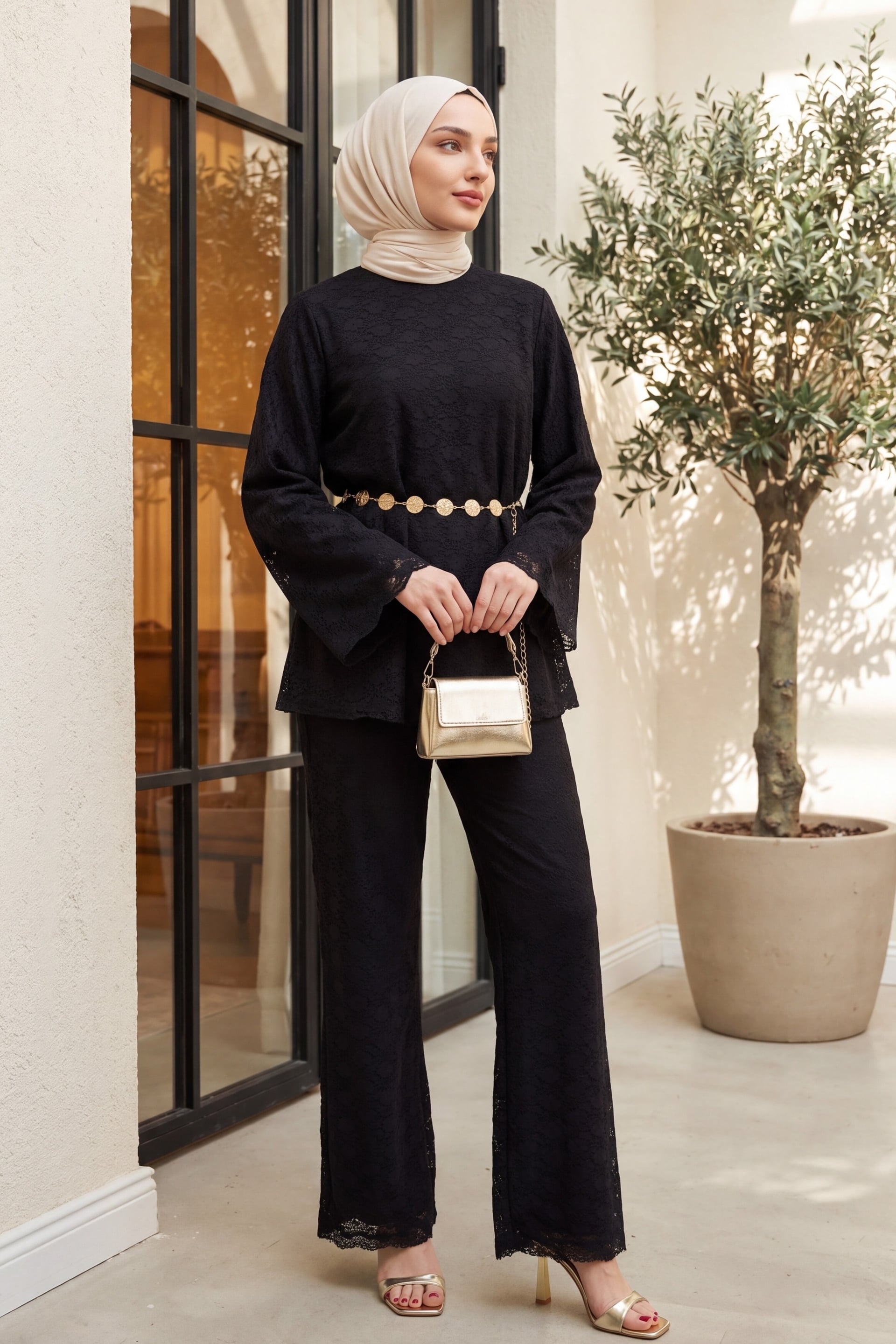 Round Neck Belted Lace Detail Lined Trouser Set - Black - Podyumplus - by Peralane - photo 5