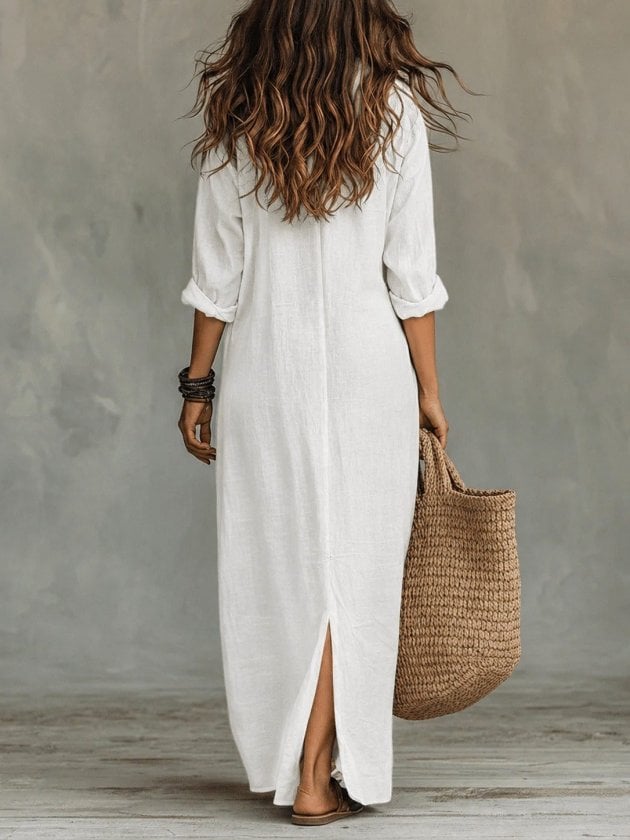 Women's White Long-Sleeved Collared Button-Front Maxi Dress with Side Slits - Janes - by Peralane - photo 3
