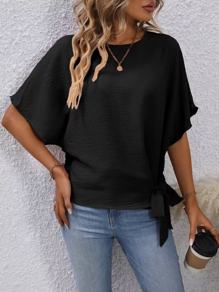 Women's Short-Sleeved Round Neck Side-Tie Textured Blouse - Janes - by Peralane - photo 2
