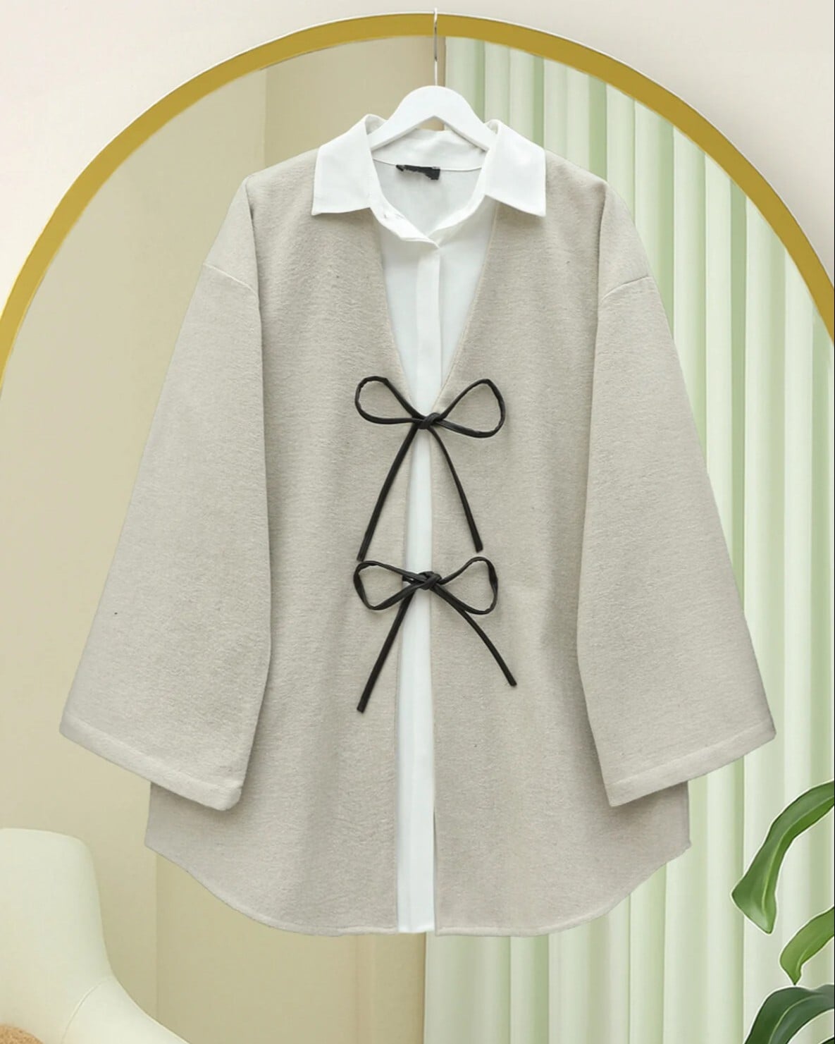 Stone Color Lace-Up Oval Cut Cashmere Kimono Cardigan - Podyumplus - by Peralane - photo 2