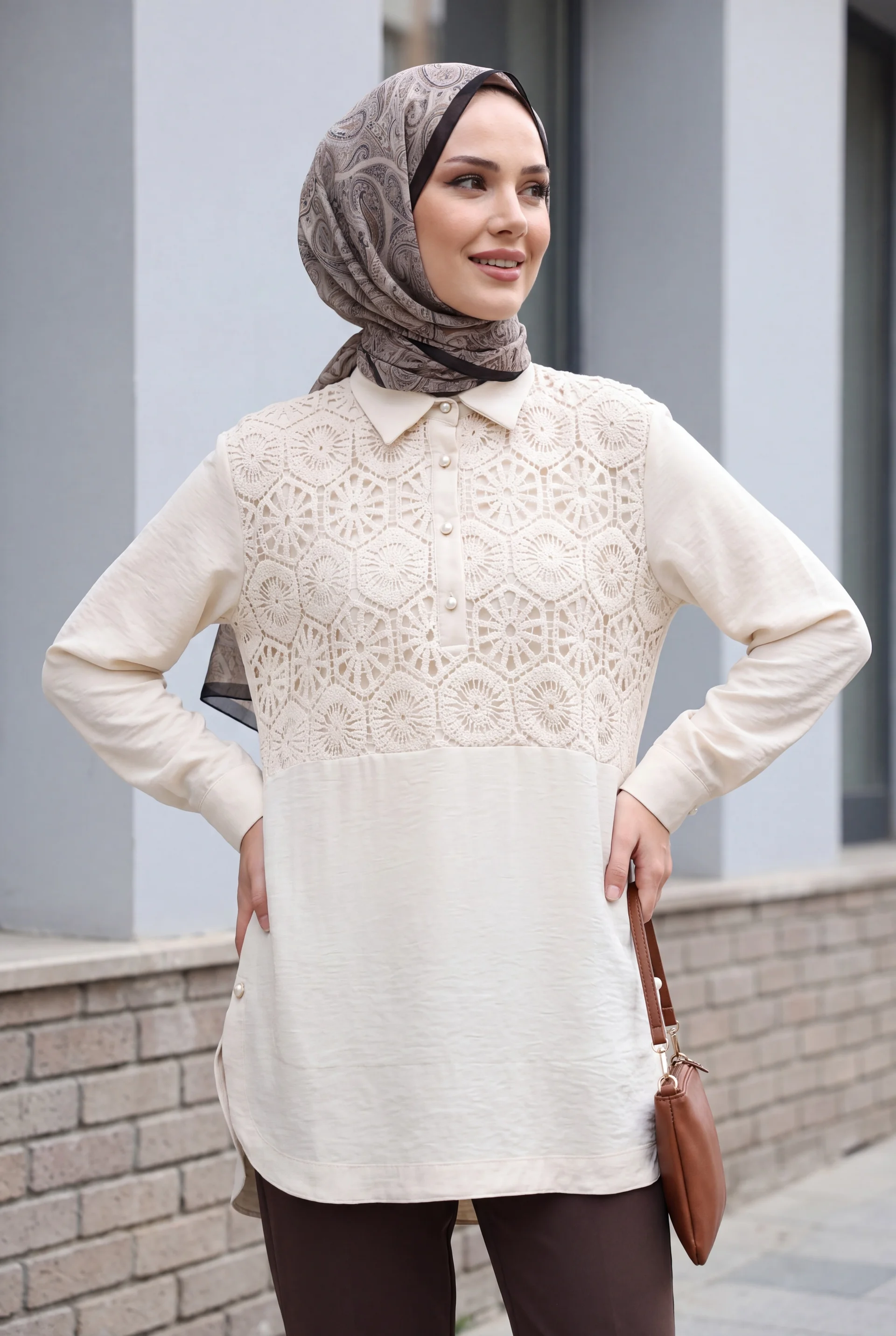 Lace Panel Button-Up Blouse - Beige - Podyumplus - by Peralane - photo 2