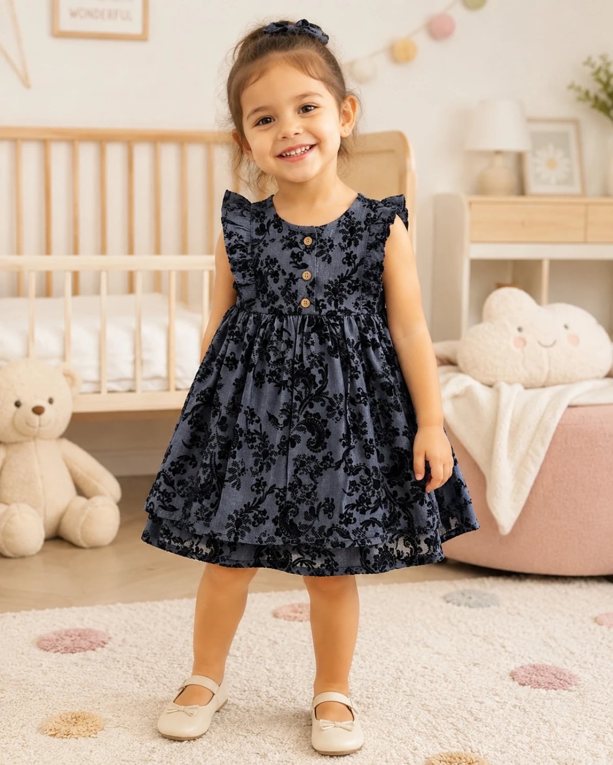 Girl's Dress with Floral Burnout Pattern - Navy Blue - Has Bereket - by Peralane