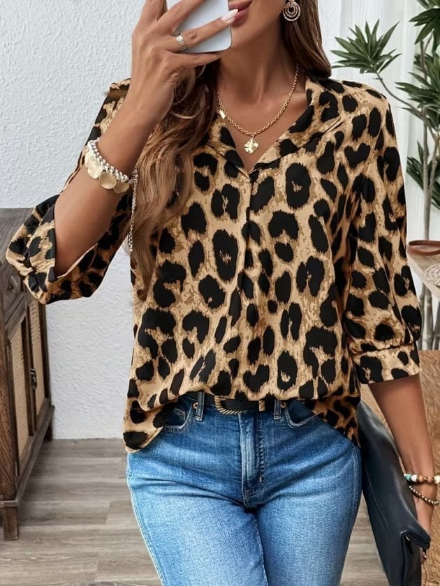 Women's Dolman Sleeve Collared Leopard Print Modal Blouse - Janes - by Peralane