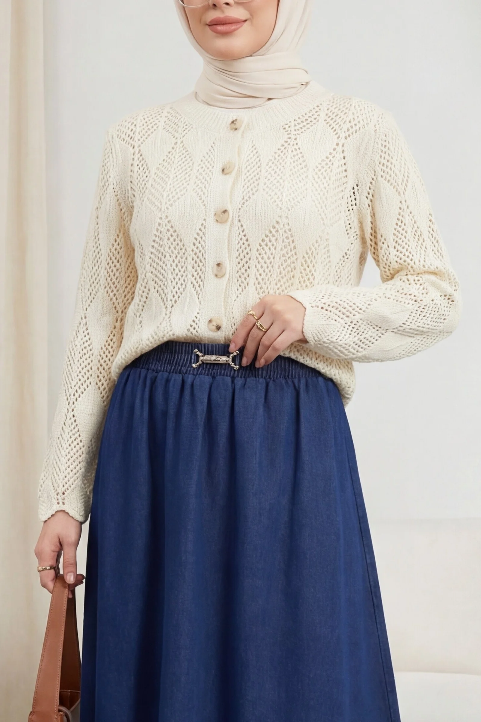 Leaf Pattern Open-Knit Cardigan - Cream - Podyumplus - by Peralane