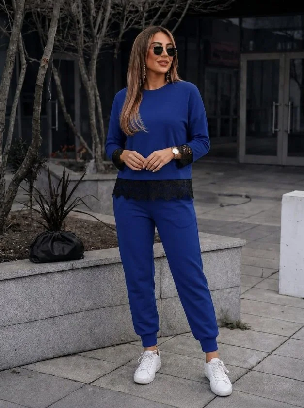 Women's Long-Sleeve Crew Neck Lace Trim Viscose Two-Thread Blouse and Trousers Two-Piece Set - Janes - by Peralane - photo 4