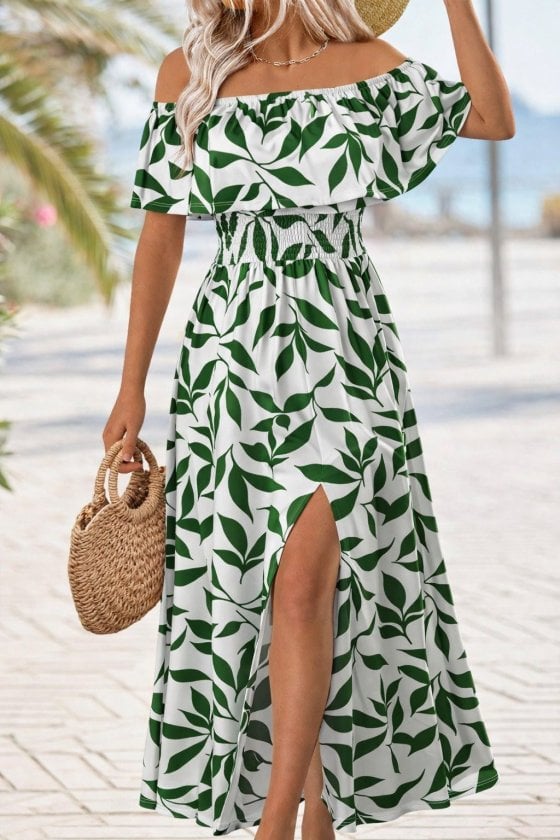 Women's Off-Shoulder Maxi Dress with Leaf Print and Smocked Waistband - Janes - by Peralane
