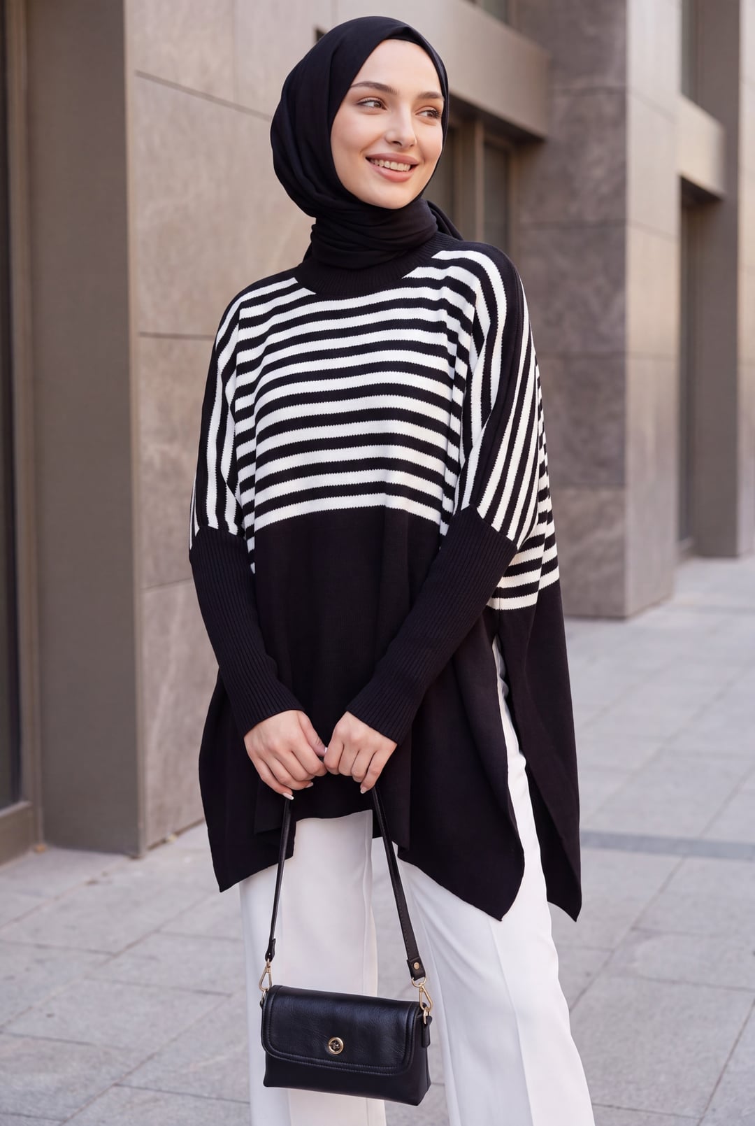 Side Slit Oversized Poncho Knit Sweater - Black - Bigdart - by Peralane - photo 3