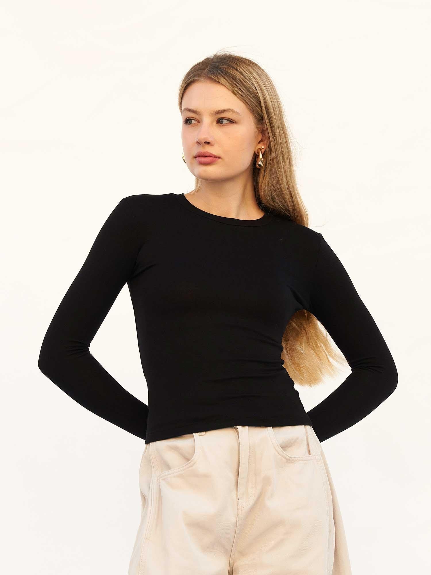 Black Long-Sleeve Crew Neck T-Shirt for Women - Lefon - by Peralane