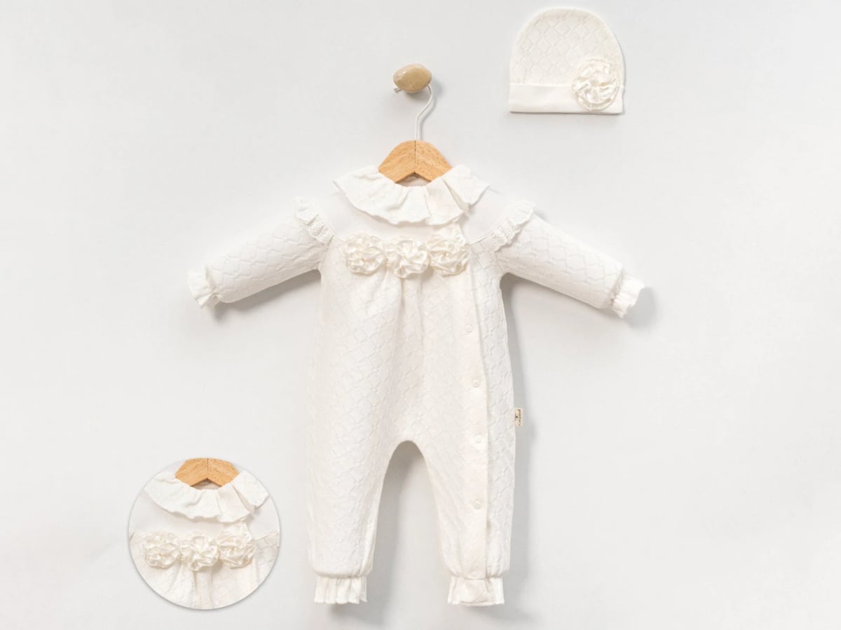Girls' Baby Romper and Hat Set with Floral Embroidery - White - Cayzen - by Peralane