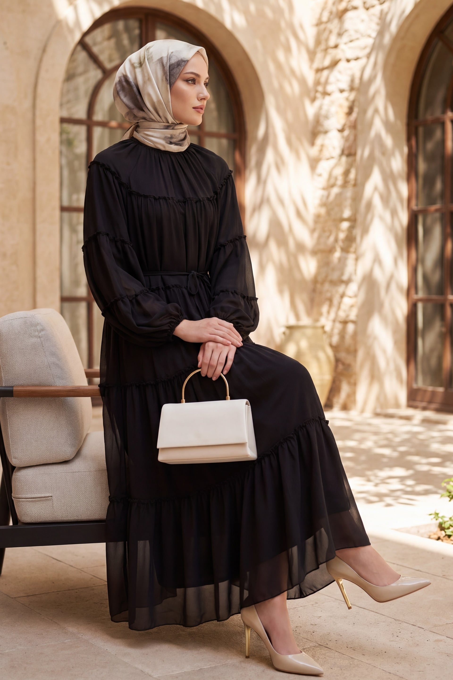 Ruffled Tie-Belt Long Dress with Bishop Sleeves - Dark Brown - Podyumplus - by Peralane - photo 2
