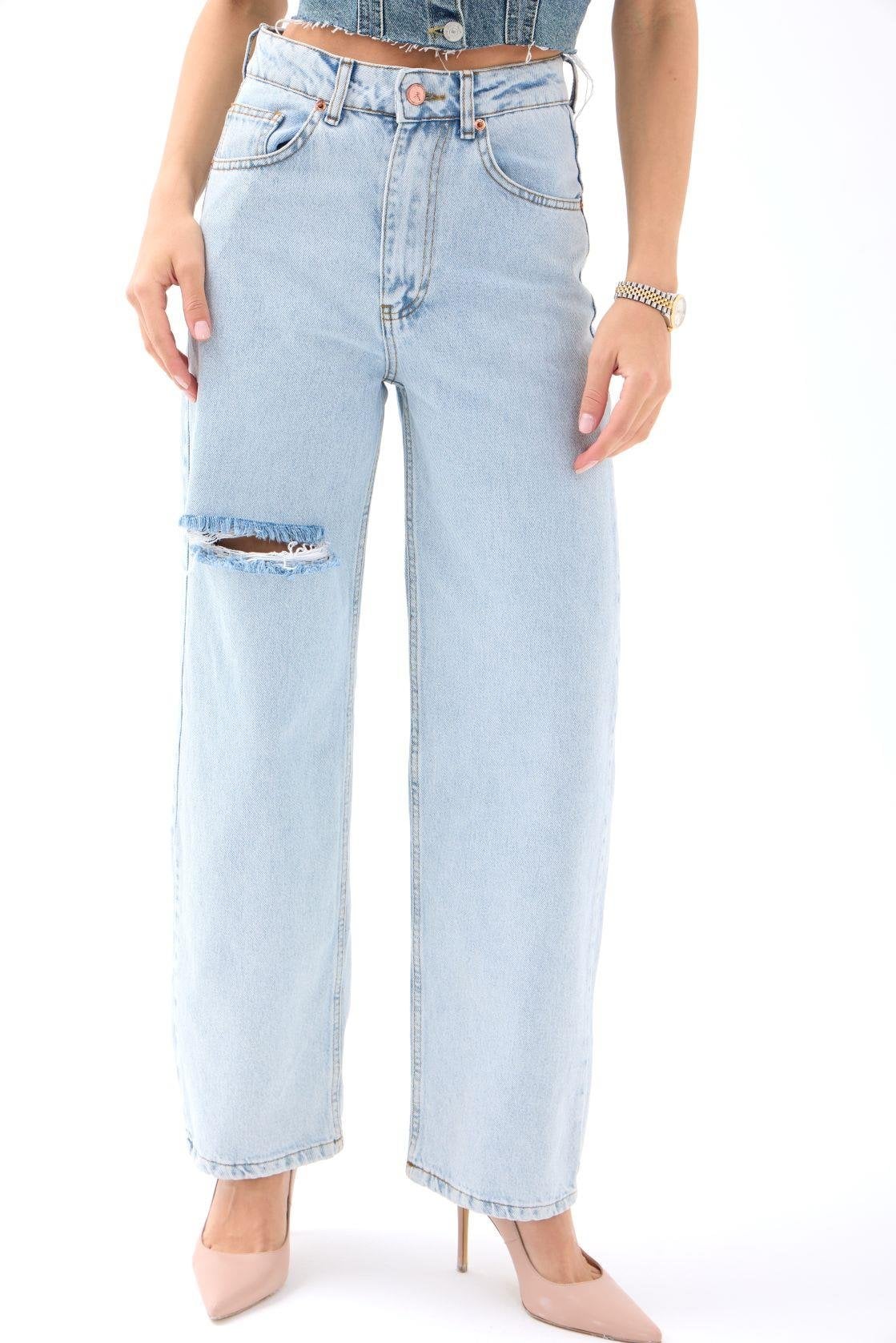 Women's Light Blue Denim Co-ord Set - Strapless Top and Wide Leg Jeans - Fame - by Peralane - photo 4