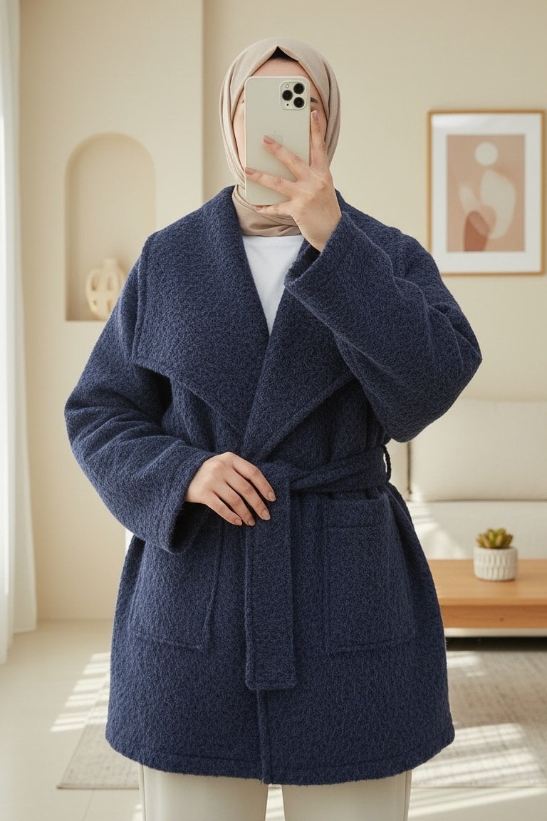 Wide Collar Belted Pocket Coat - Dark Navy - Podyumplus - by Peralane