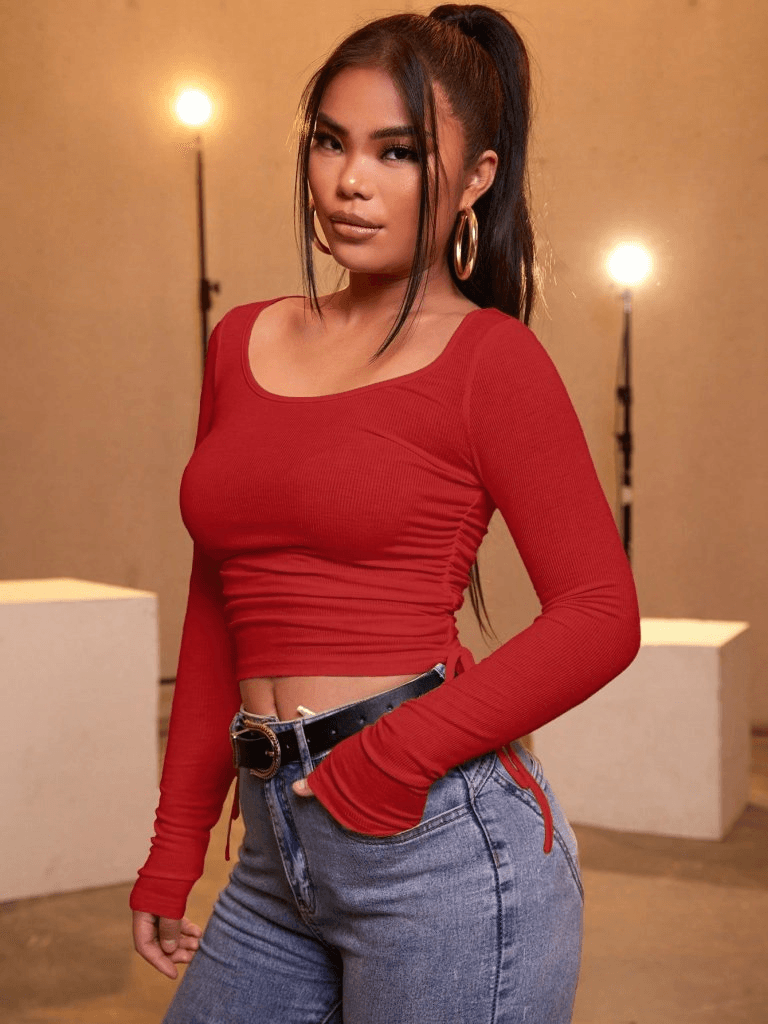 Women's Red Ribbed Crop Top with Drawstring Side - Janes - by Peralane - photo 3