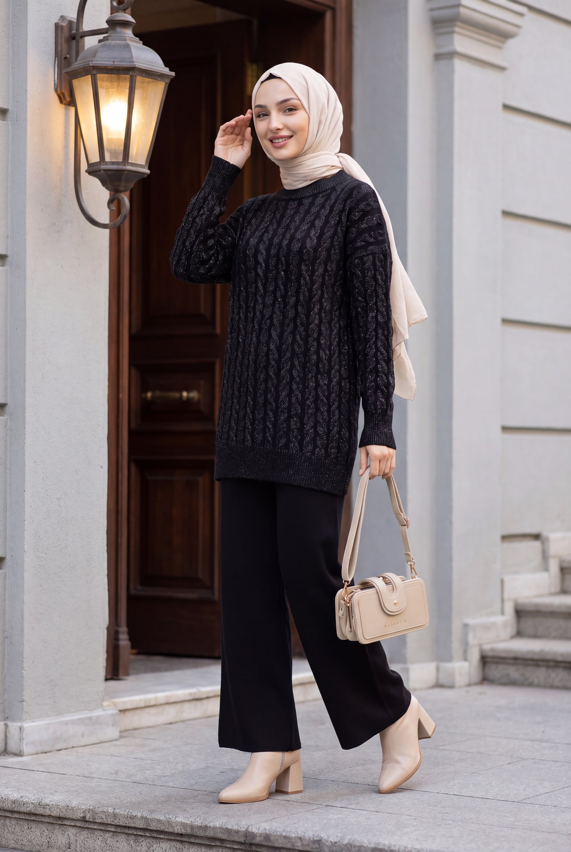 Half-Collar Slit Sequin Basket Knit Sweater Set - Black - Podyumplus - by Peralane - photo 3