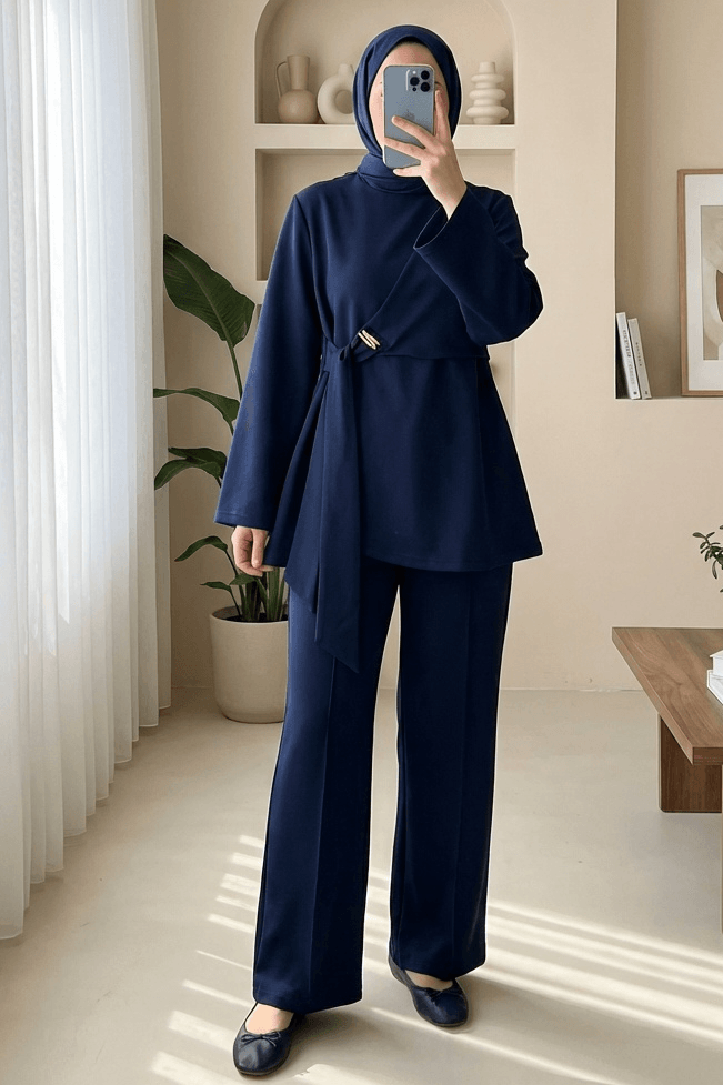 Buckle Cross-Tie Slit Trousers Two-Piece Scuba Set in Navy - Podyumplus - by Peralane