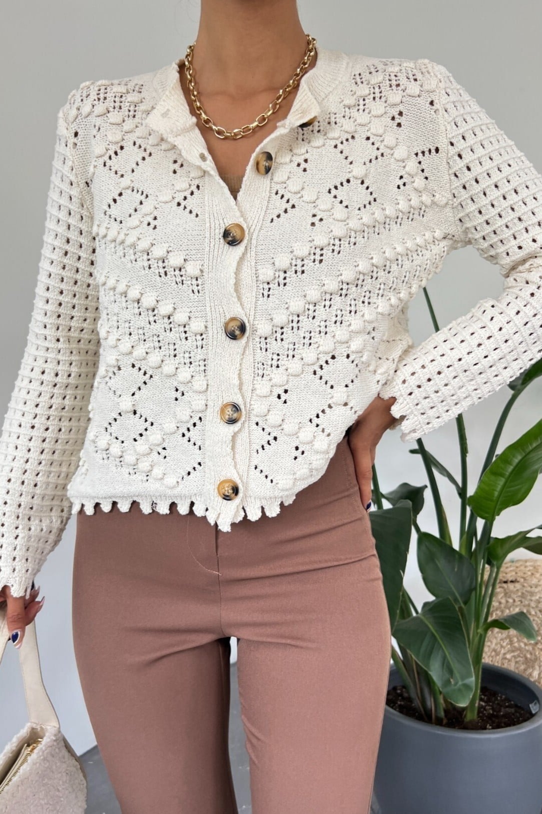 Pom-Pom Detail Open-Knit Button-Front Cardigan - Ecru - Podyumplus - by Peralane - photo 6