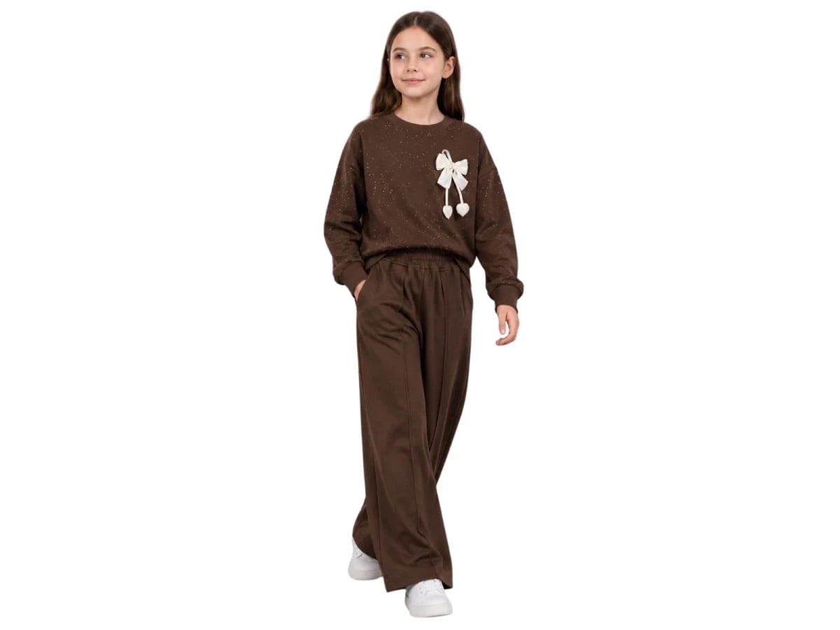 Girls' Bow Heart Glitter Sweatshirt and Trousers Set - Dark Brown - Incilay - by Peralane