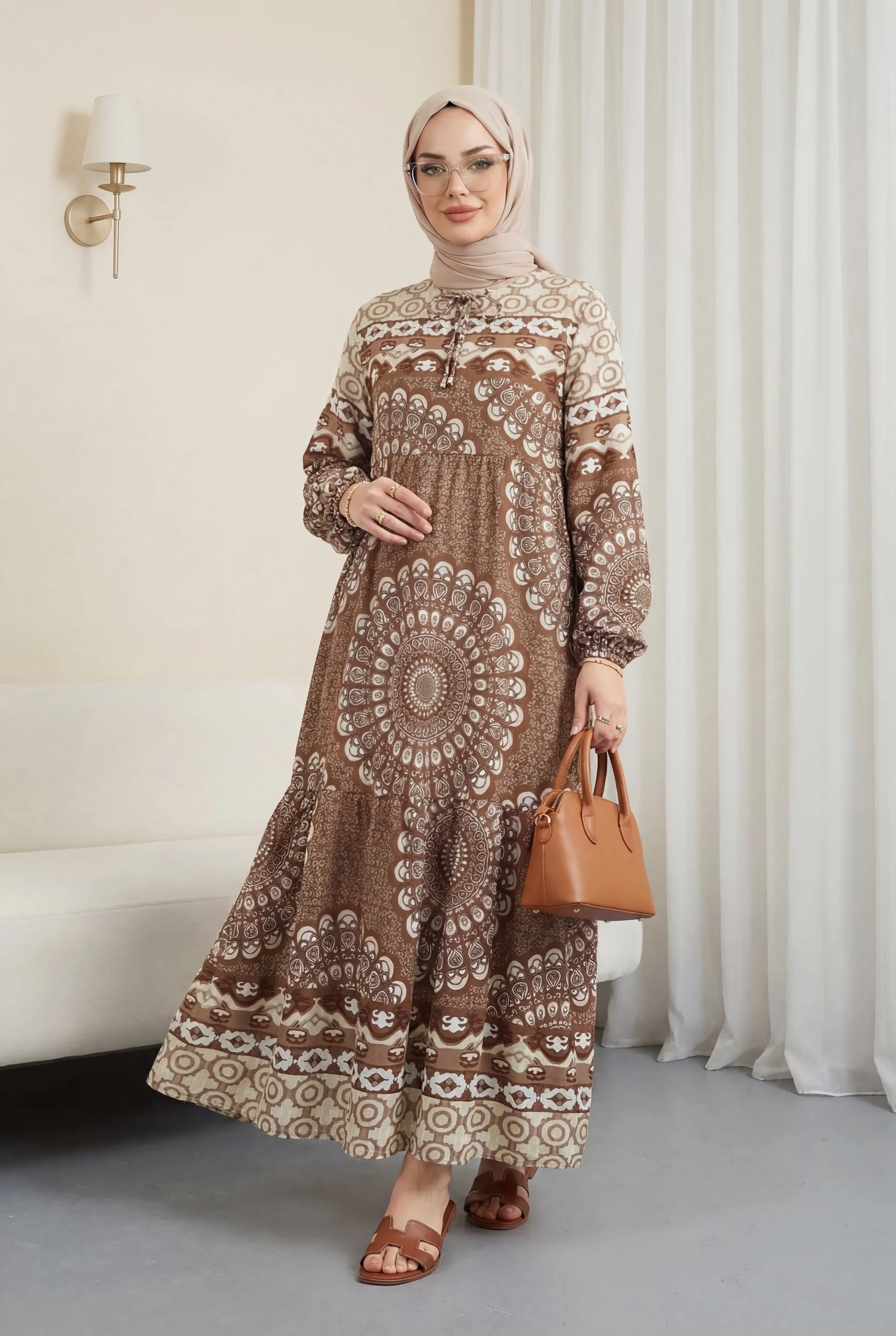 Brown Patterned Tie-Neck Long Dress with Balloon Sleeves - Podyumplus - by Peralane