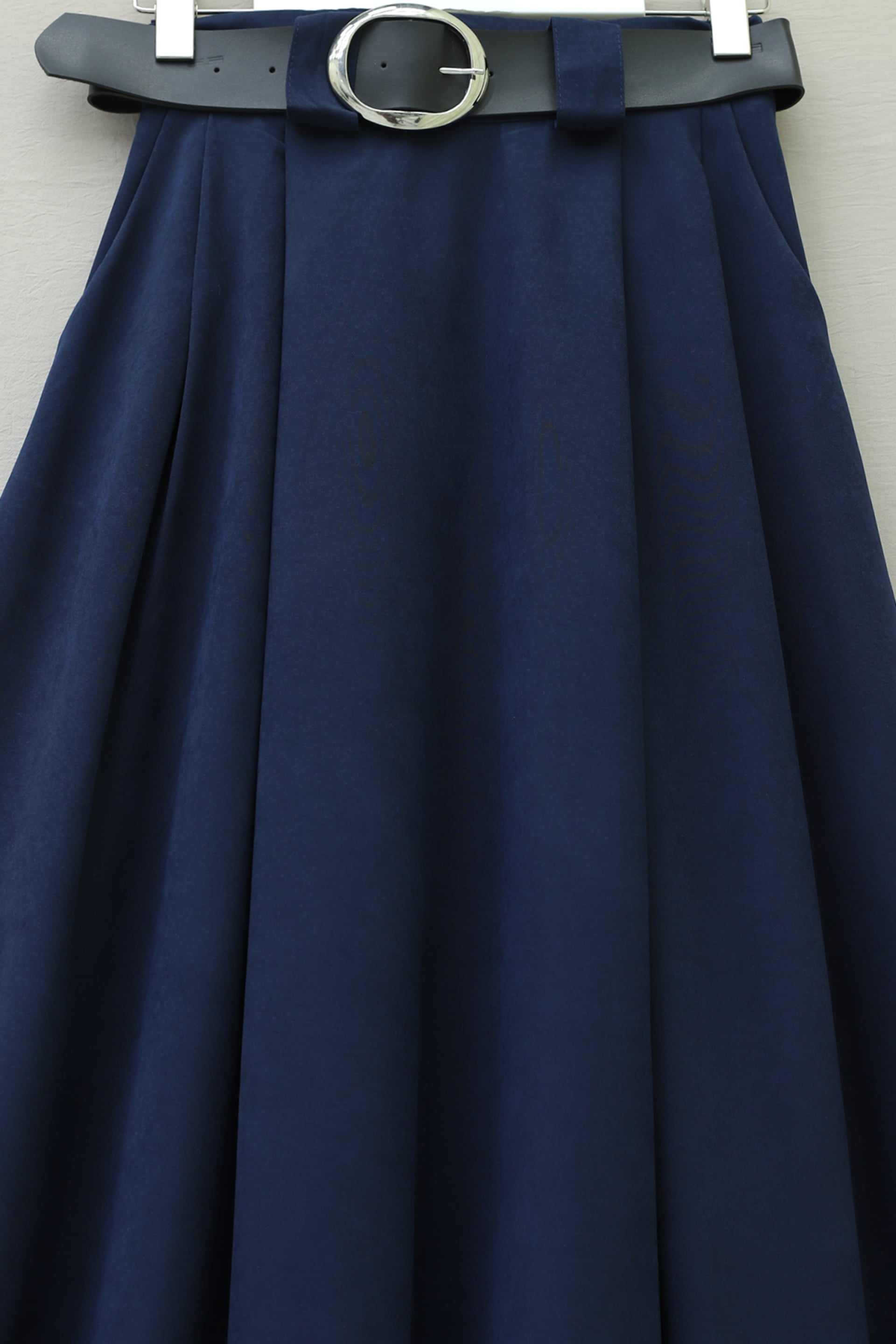 Navy Blue Thick Belted Pleated Tweed Skirt with Side Pockets - Podyumplus - by Peralane - photo 7