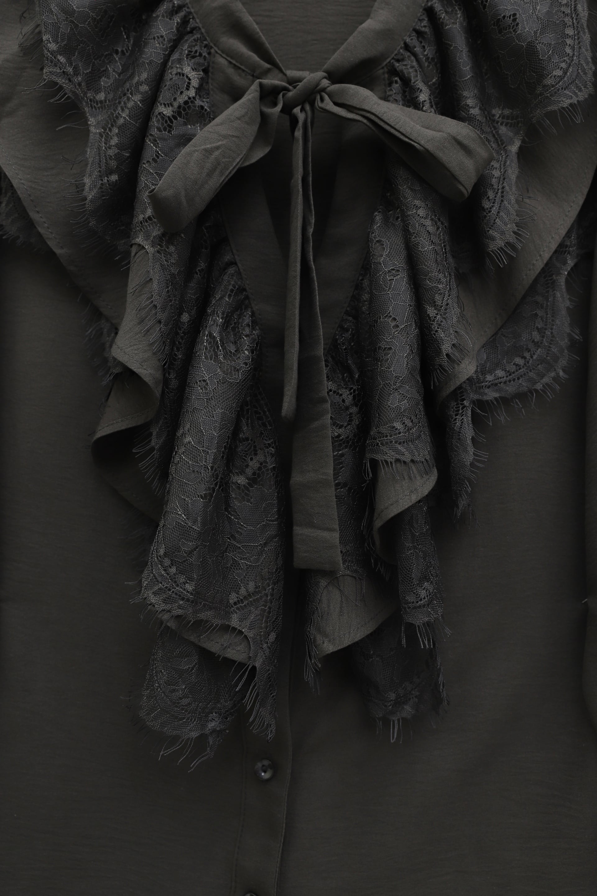 Pussy-Bow Tie Blouse with Lace Trim and Flared Cuffs - Dark Brown - Podyumplus - by Peralane - photo 4
