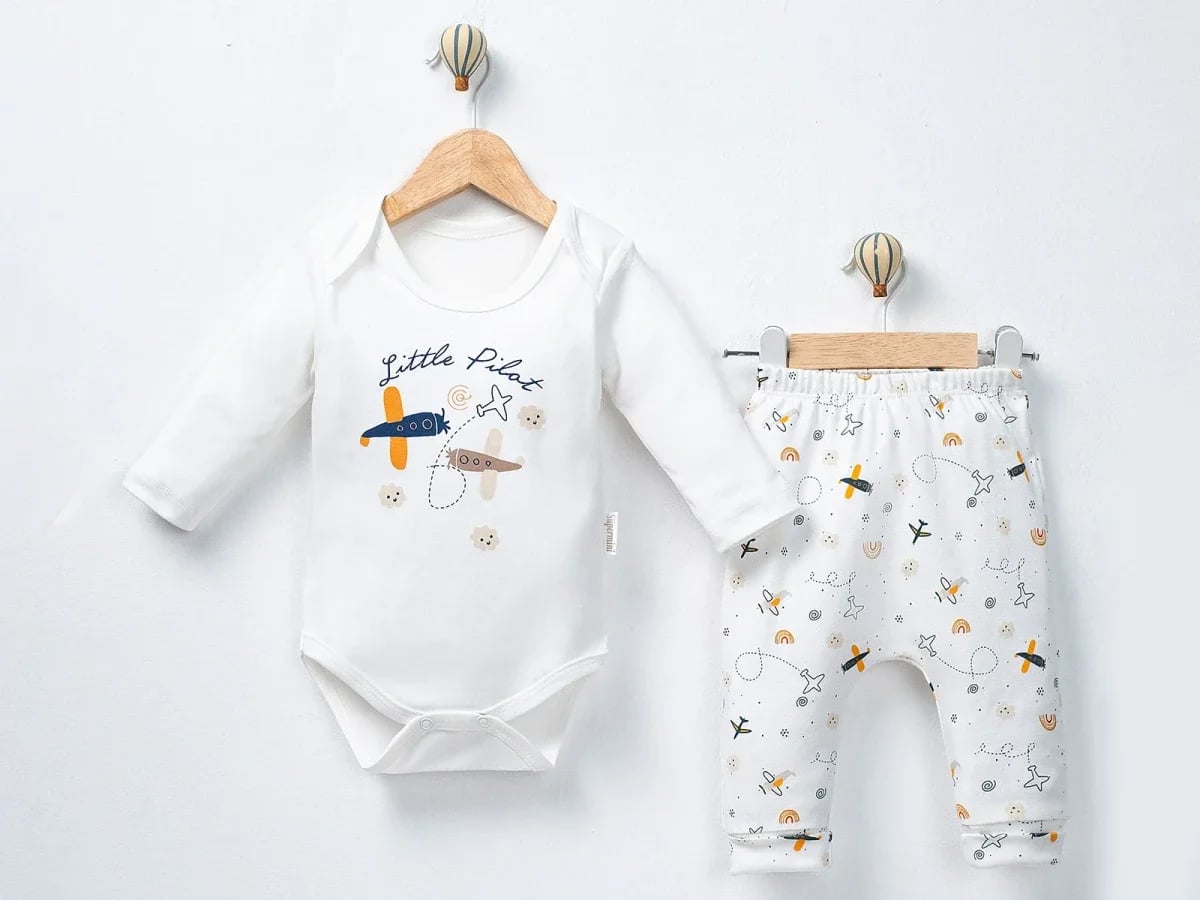 White Airplane Print Baby Boys' Set - Bodysuit and Trousers - Supermini - by Peralane