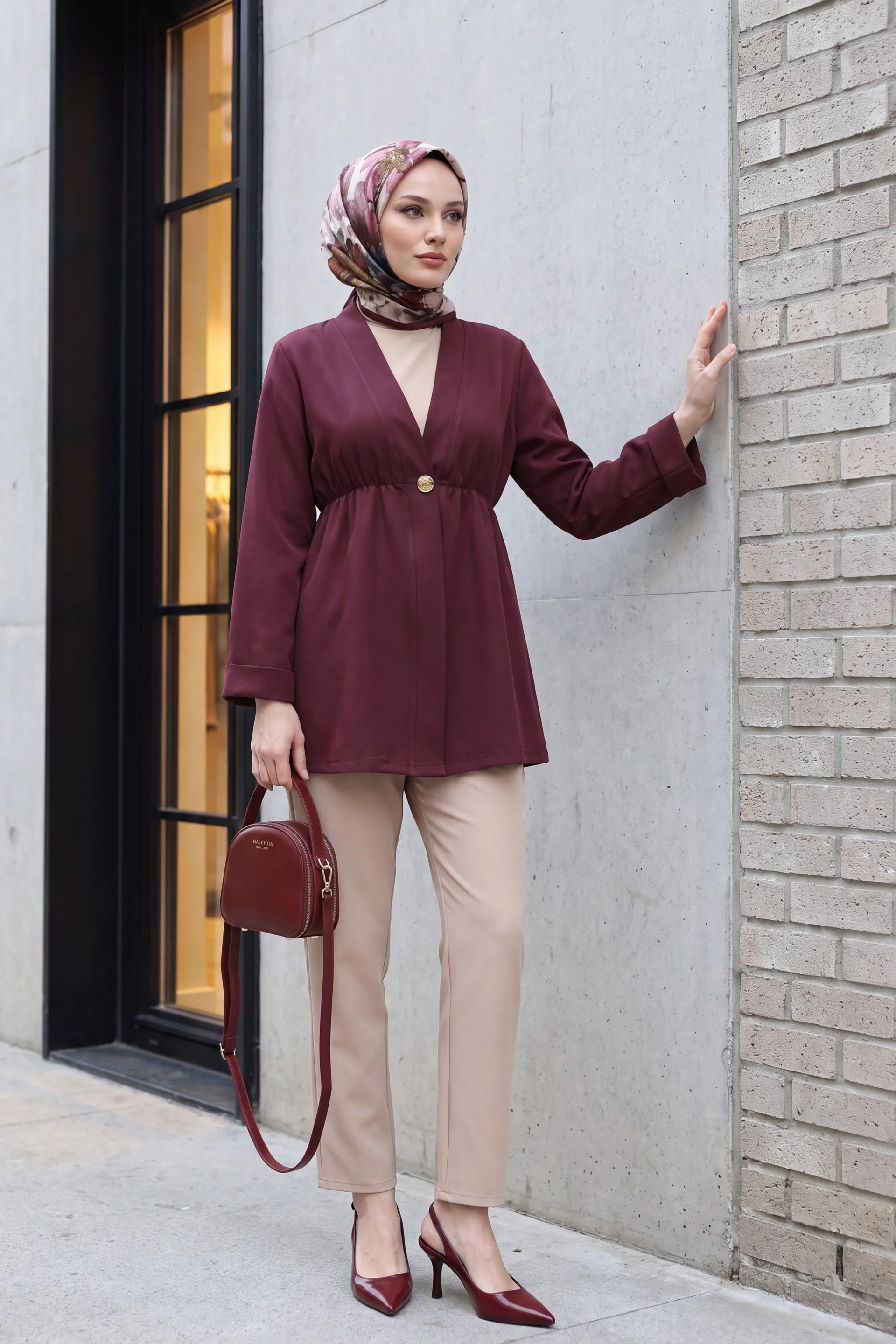 Elasticated Waist Folded Sleeve Single Button Crepe Kimono - Plum - Podyumplus - by Peralane - photo 5