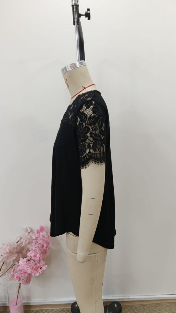 Women's Short Sleeve V-Neck Lace Trim Blouse - Black - Janes - by Peralane - photo 5
