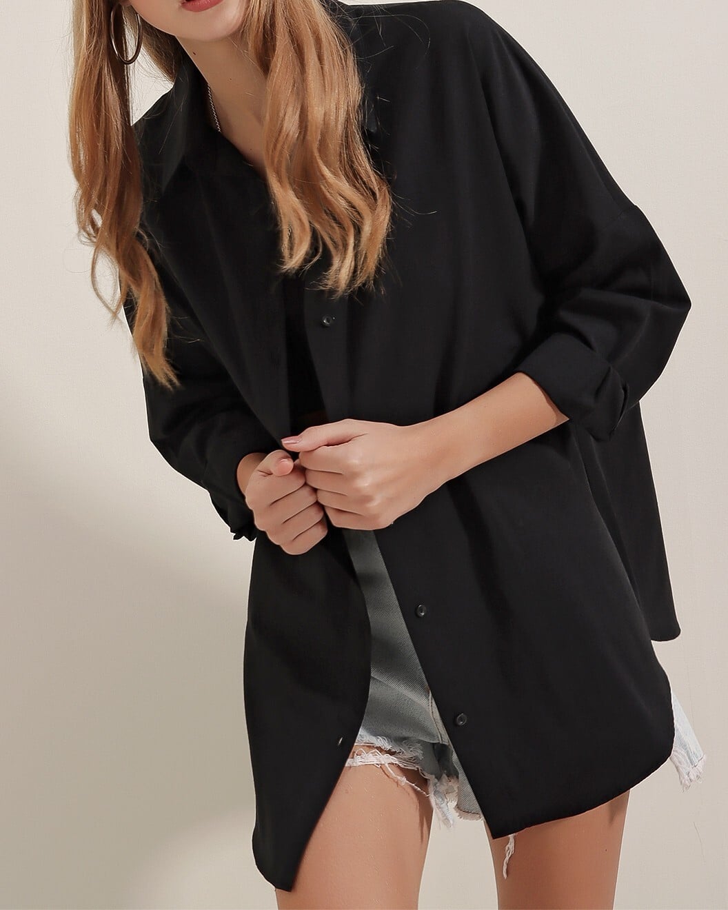 Women's Black Oversize Long Basic Blouse - Bigdart - by Peralane - photo 3