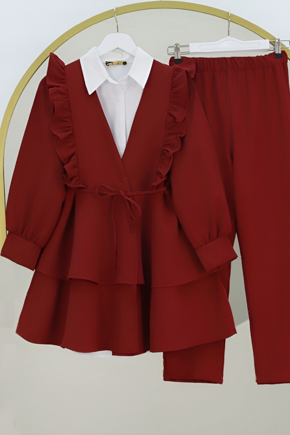 Women's Burgundy Ruffled Peplum Top and Pleated Trousers Kimono Set - Podyumplus - by Peralane - photo 3