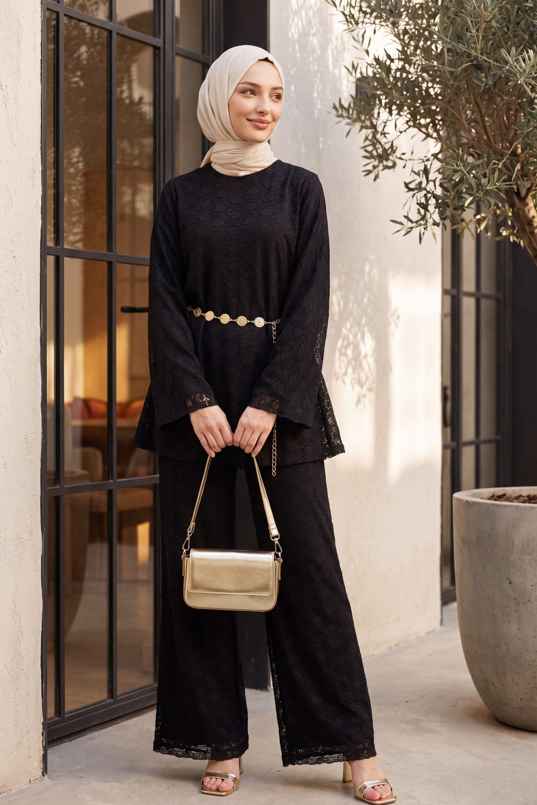Round Neck Belted Lace Detail Lined Trouser Set - Black - Podyumplus - by Peralane