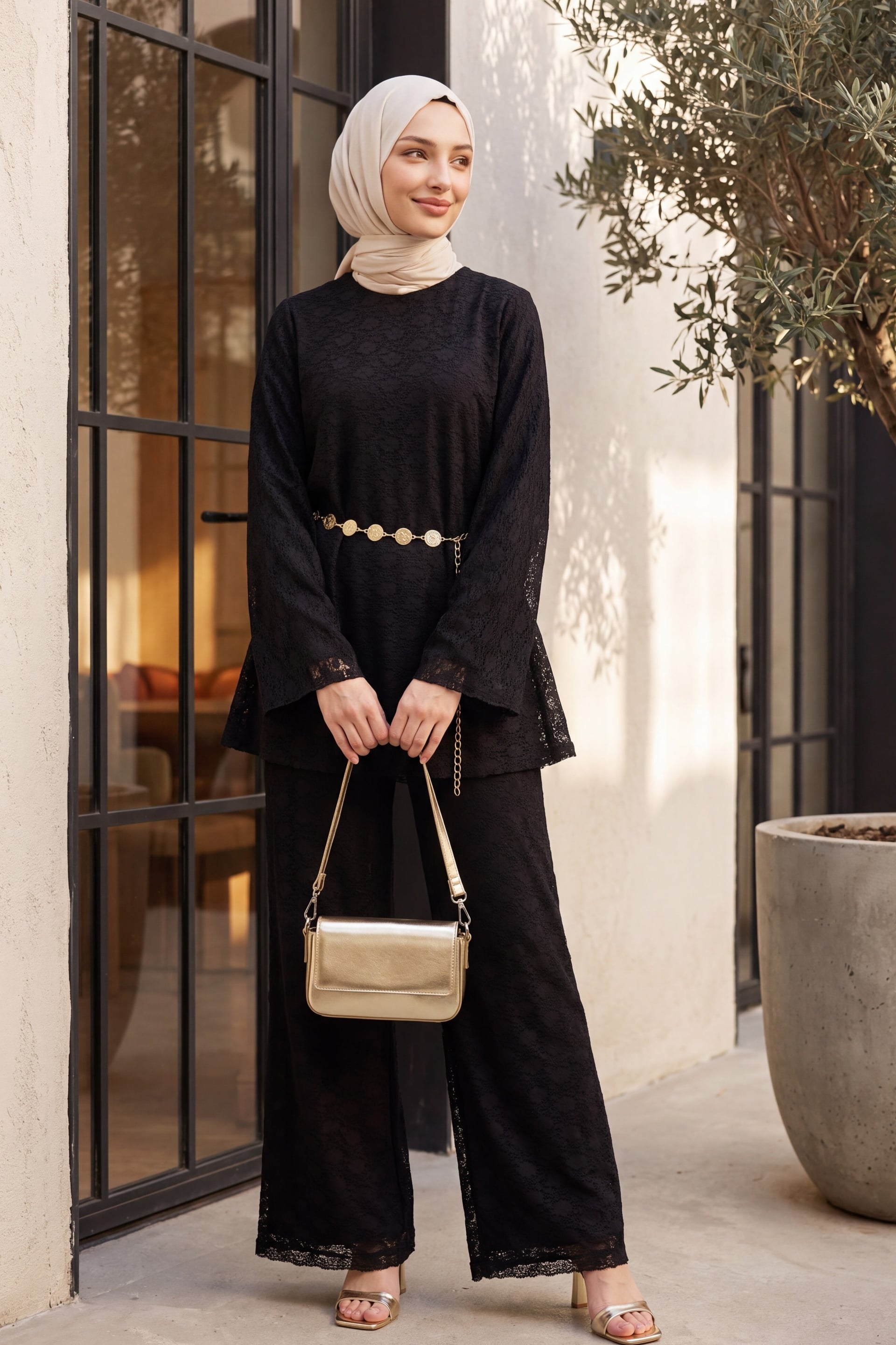 Round Neck Belted Lace Detail Lined Trouser Set - Black - Podyumplus - by Peralane