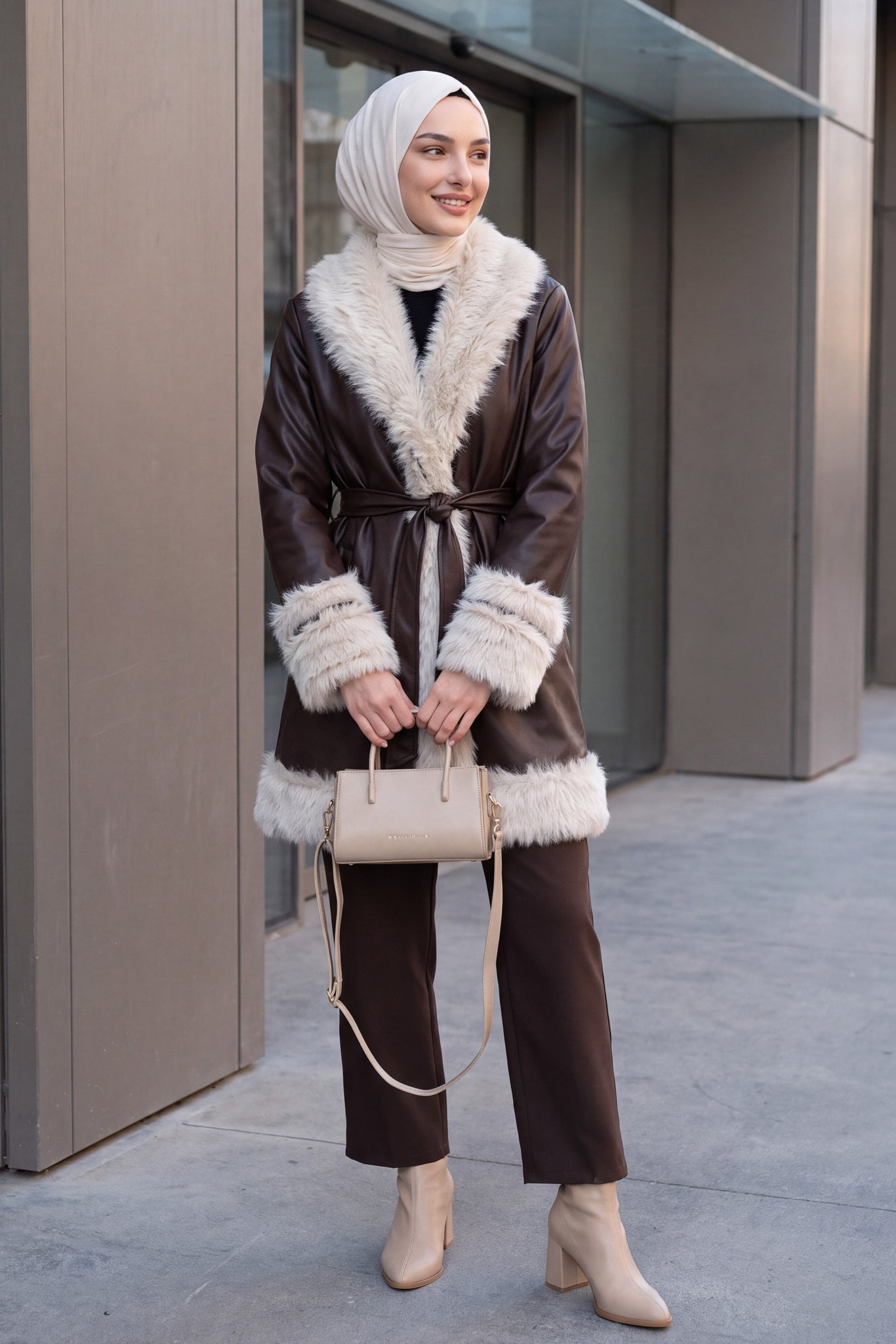 Women's Faux Fur Trimmed Belted Faux Leather Jacket - Brown - Podyumplus - by Peralane - photo 4
