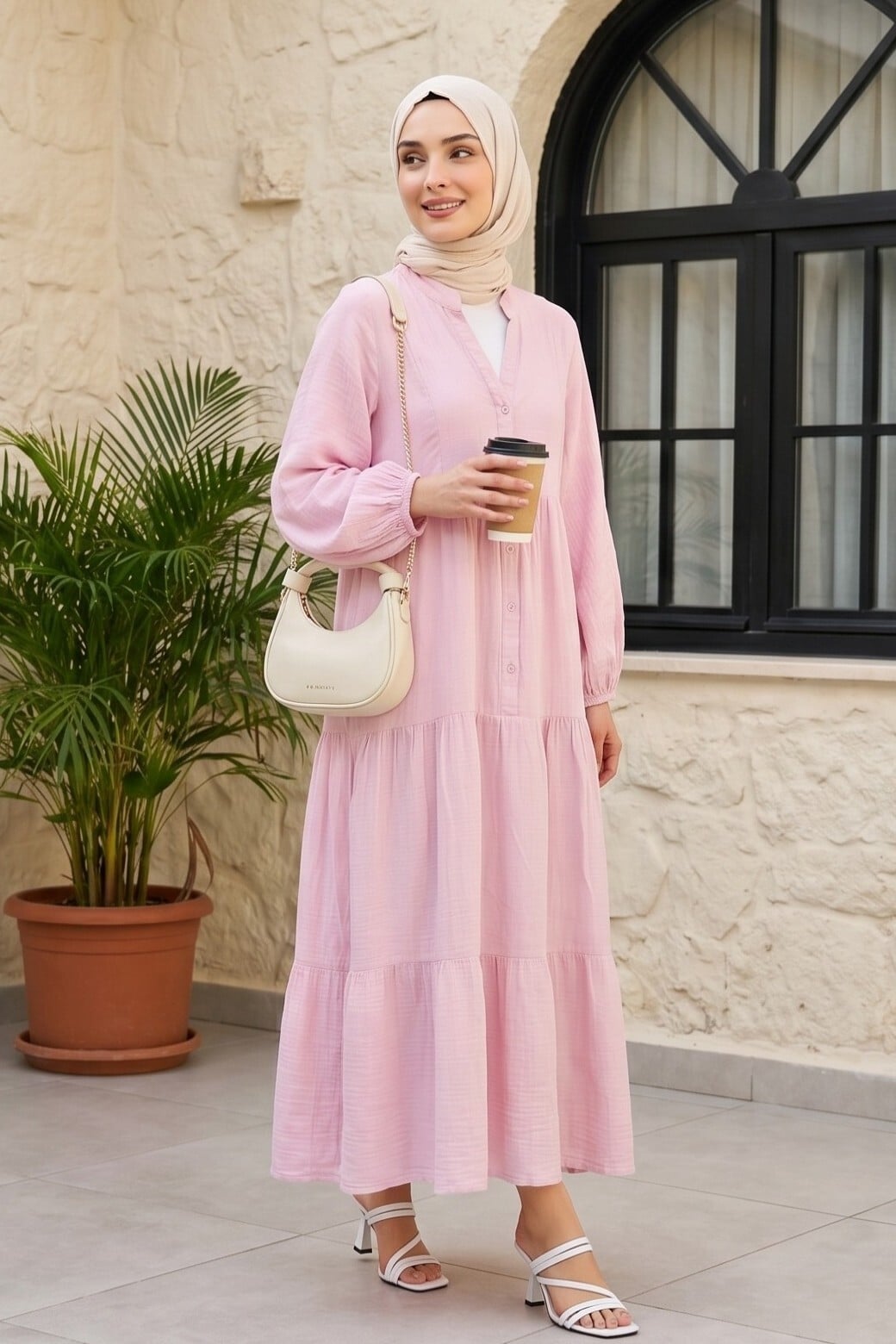 V-Neck Half Button Tiered Muslin Dress with Elasticated Cuffs - Pink - Podyumplus - by Peralane