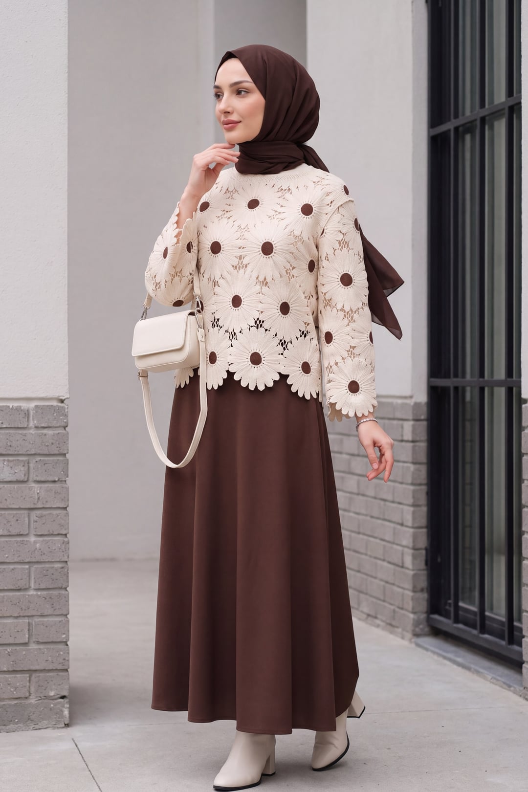 Boat Neck Daisy Pattern Knit Blouse - Brown - Podyumplus - by Peralane - photo 7